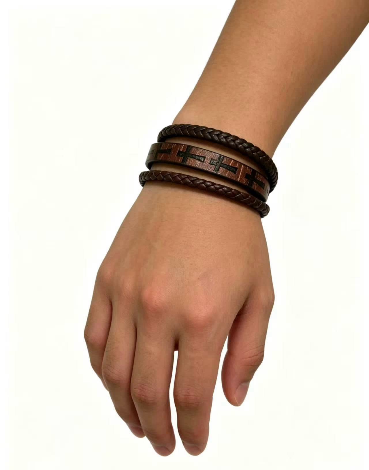 Chrome Hearts Men's Brown Leather Bracelet with Cross Design